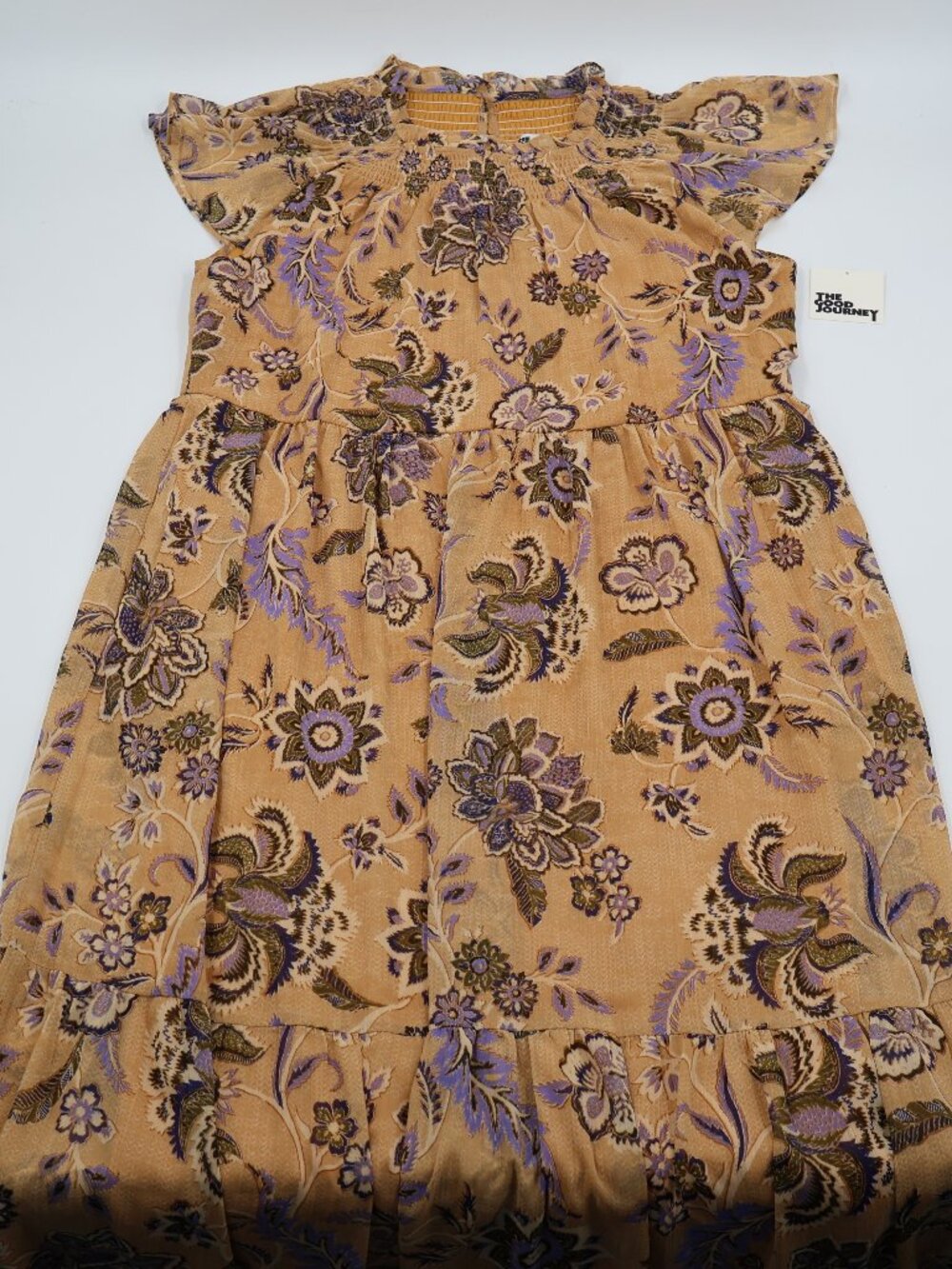 The Good Journey Floral‎ Paisley Maxi Dress Womens 12 Gold Blue Tiered Smocked